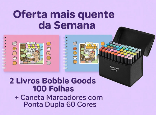 2 Livros Bobbie Goods 100 Folhas + Caneta Marcadores com Ponta Dupla 60 Cores